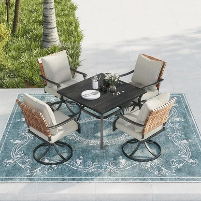 Grand patio 5-Piece Outdoor Dining Set, 4 Leather-Look Wicker Swivel Patio Chairs & 1 Square Dining Table, Black