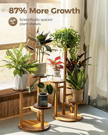 Bamworld Plant Stand Indoor Plant Shelf 4 Tier Wood Plant Stand for Multiple Plants Tall Corner Plant Stands for Outdoor Round Flower Stand Plant Holder for Living Room Patio Garden Balcony Brown