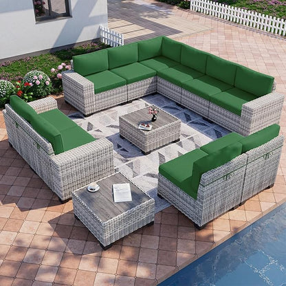 12-Piece Outdoor Patio Furniture Set Wicker Sectional Sofa Set, Patio Conversation Set with Thickened Cushions & Coffee Table for Garden, Backyard, Poolside, Green