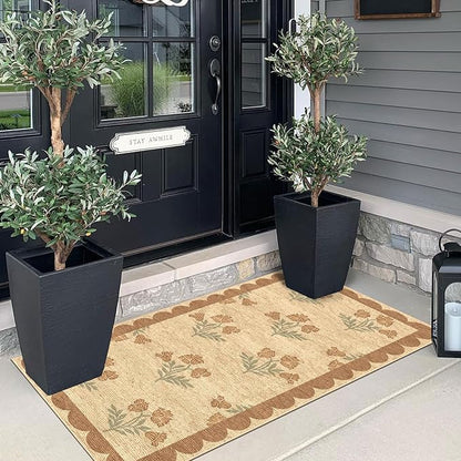 Outdoor Rug with Floral Print, Scalloped Edge, 2 x 4.3 Ft