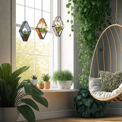 Yaomiao 3 Pcs Stained Glass Hanging Plant Terrariums Hanging Glass Planter Small Geometric Terrarium Air Plant Terrarium with Chain for Succulent Moss Holders Garden Wall Windowsill (Vivid Color)