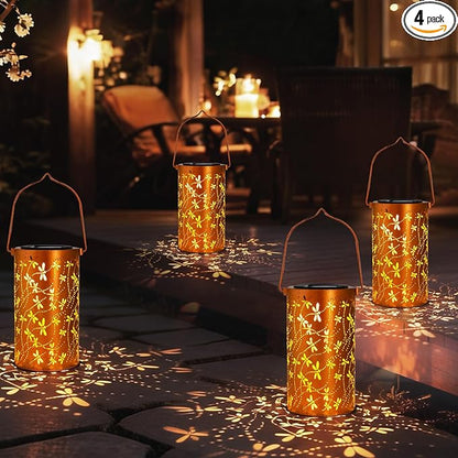 4 Pack Solar Lanterns Outdoor Hanging Lantern Lights, Dragonfly Hollowed-Out Metal Decor Lantern, Waterproof LED Decorative Garden Light - Delicate Garden Decoration for Patio, Yard