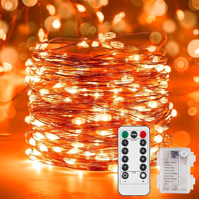 String Lights, Orange 65.6 Ft Battery Powered LED with Remote Control