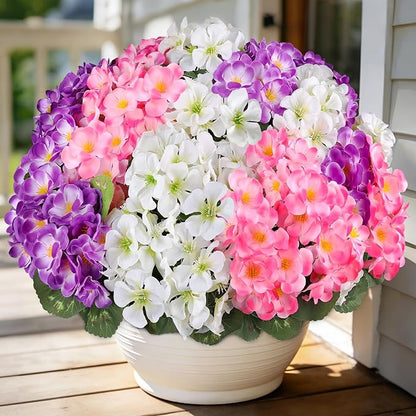 Artificial Geraniums Flowers for Outdoors, 6 Bundles Realistic Silk Fake Geranium, No Fade Faux Plants for Hanging Baskets, Window Boxes, Planters - Porch, Patio, Garden Decor(Mix Colors)