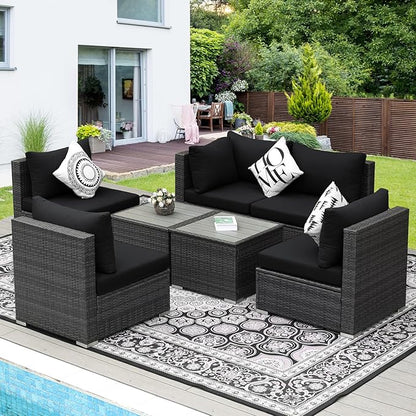 NICESOUL 7 Piece Modern Outdoor Patio Furniture Set, Extra Large Grey Wicker Patio Modular Conversations with Tables, All-Weather Deep Sofa Couches for Backyard Deck, 2 Color Cushion Black & Gray