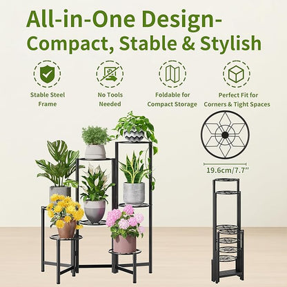 7 Tier Metal Patio Plant Stand Outdoor, Heavy Duty Flower Stands for Indoor Plants, Floding Tall Corner Shelf for Diaplay Racks for Home Decor, Graden, Balcony -BlackDiamond