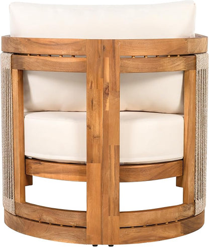 Merax 4-Piece Patio Premium Acacia Wood Outdoor Furniture Set,All Weather Curved Tub Design with Woven Rope Accents Loveseat Chairs and Table for Backyard, Balcony and Deck,Teak+ Beige