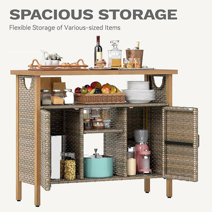 DWVO XL Patio Storage Cabinet, Wicker Outdoor Bar Table with Wood Top,Adjustable Shelves, Patio Sideboard for Outdoor Buffet,Yard, Garden, Kitchen (Brown)
