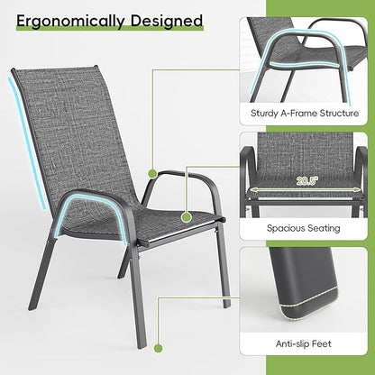 Patio Dining Chairs, Set of 6, Dark Grey Steel Frame, Stackable