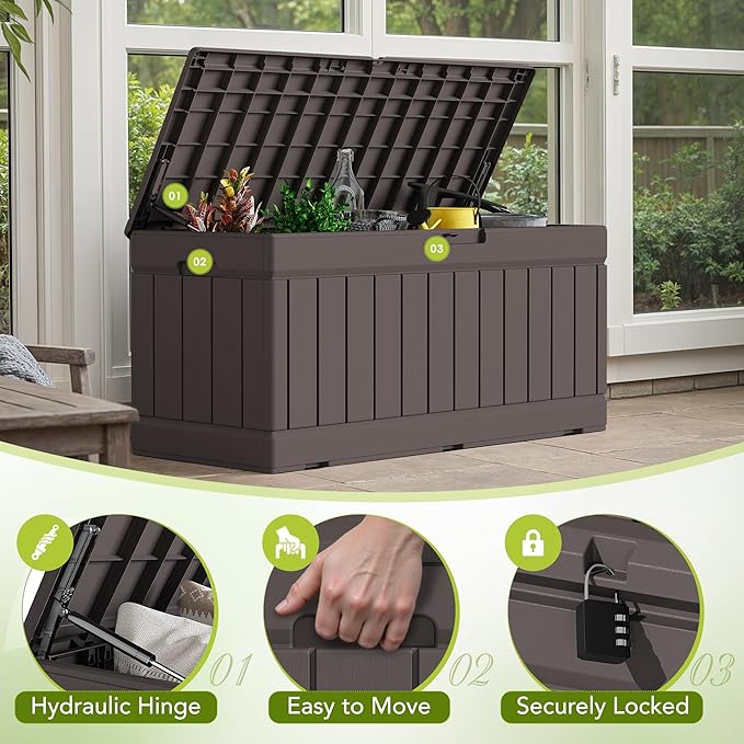 Deck Box Brown Resin Outdoor Storage Bench with Lockable Lid