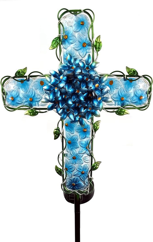 Solar Cross Garden Lights Outdoor Decorative - Solar Metal&Glass Cross Blue Hydrangea Flower Stake Lights- Waterproof 20 Warm White LED for Remembrance Gifts