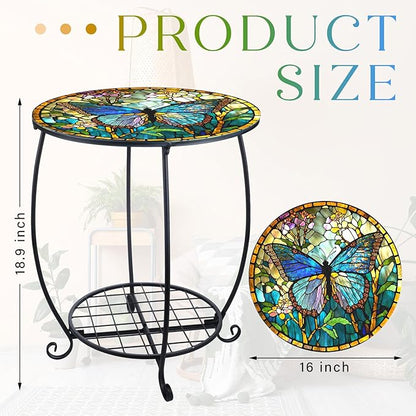 Outdoor Side Table Round Small Mosaic Patio Accent Indoor End Plant Coffee Tea Table for Yard Patio Porch Garden Living Room, Bedroom(Butterfly Style,16 Inch)