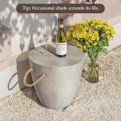 COSIEST Outdoor Shaped Side Table with Concrete Top & Hemp Rope Handles, 17'' Patio Accent Table for Garden
