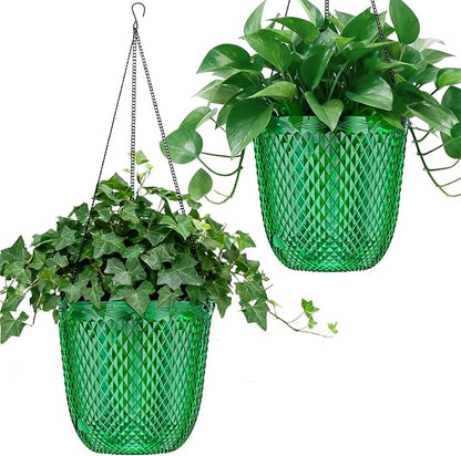 QCQHDU Self Watering Hanging Pots, 2 Pack 5.7 Inch Hanging Planters for Plants Indoor, Outdoor Flower Pots with Drainage Holes and 3 Hooks Chains for Garden Home (Emerald)
