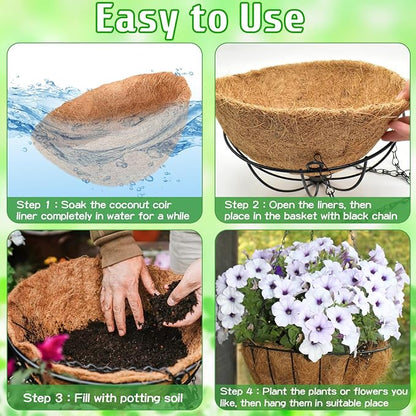 ZeeDix 6 Pack 10 Inch Metal Round Hanging Planter Basket with Coconut Liners Replacement, Hanging planters Baskets with Natural Coco Liner for Outdoor Indoor Planters Flowers Vegetables