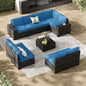 Jing's Villa 10-Piece Patio Furniture Set, All-Weather Outdoor Wicker Sectional Sofa with Cushions,Glass Table & Left and Right Armrest, Rattan Conversation Seating for Porch, Backyard,Peacock Blue