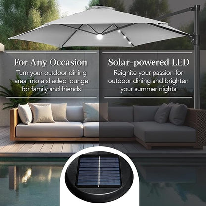 Best Choice Products 10ft Solar LED Offset Cantilever Hanging Market Patio Umbrella, Smooth 360° Rotation, 8 Sturdy Ribs, Easy Adjustment - Fog Gray