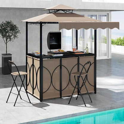 Tangkula 3 Piece Patio Bar Set, Grill Gazebo & 2 Foldable Bar Stools with Awning, Metal Storage Shelves, Glass Holders, Double-Tier Outdoor Shelter for Patio Poolside Garden Backyard (Coffee)