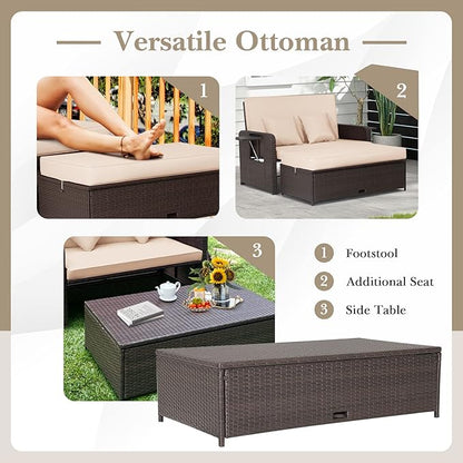 Tangkula Patio Rattan Daybed with 4-Level Adjustable Backrest, Outdoor PE Wicker Loveseat with Storage Ottoman & Folding Side Tray, Double Sunbed Lounger for Balcony, Backyard & Poolside
