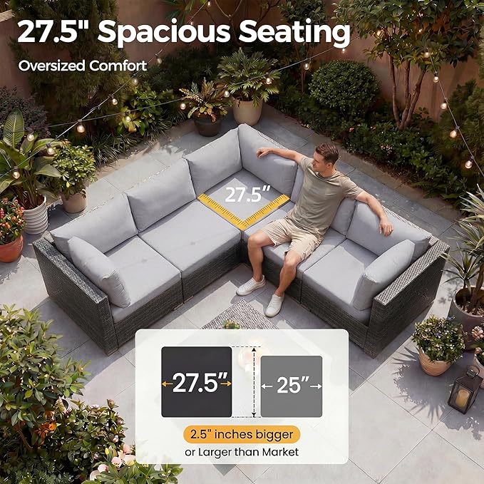 NICESOUL High-End Outdoor Patio Furniture Set with Natural Gas/Propane Firepits, 7 Piece Large Wicker Sectional Couches with Fire Table, 29.3'' High Back Deep Seating Comfy Conversation Sofas, Gray