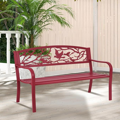 Giantex 50”Outdoor Bench with Cast Iron Backrest & Ergonomic Armrest,600 lbs Steel Metal Frame, Garden Bench for Park Front Porch Patio Lawn Backyard Balcony Path Entryway Deck, Red Bird Pattern