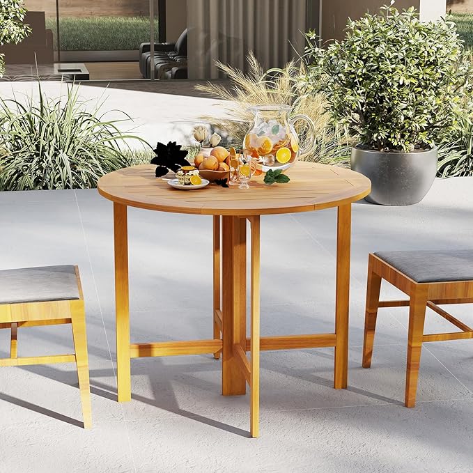 Tangkula 2 Pieces 36 Inches Outdoor Folding Round Dining Table, No Assembly Patio Acacia Wood Bistro Table with Slatted Tabletop, for Backyard, Porch, Balcony