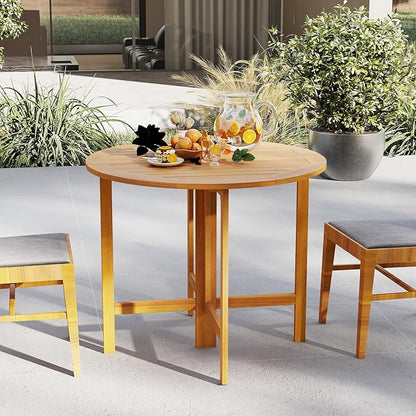 Tangkula 2 Pieces 36 Inches Outdoor Folding Round Dining Table, No Assembly Patio Acacia Wood Bistro Table with Slatted Tabletop, for Backyard, Porch, Balcony