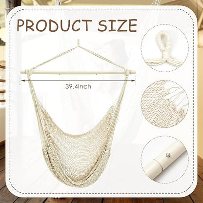 Barydat 2 Pcs Hanging Hammock Chair Boho Swing Chair Indoor Outdoor Cotton Rope Weaving Chair with 40 Inch Detachable Metal Bars for Backyard Living Room Bedroom Garden(Beige)