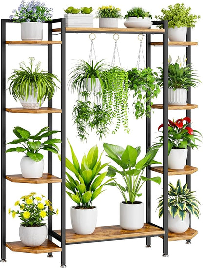 C1 Plant Stand Indoor with 6 Grow Lights, 6 Tiered Large Metal Plant Stand, 55 Inches Tall Plant Shelf with Hooks, Plant Holder Display Shelves for Patio, Garden, Living Room, Balcony