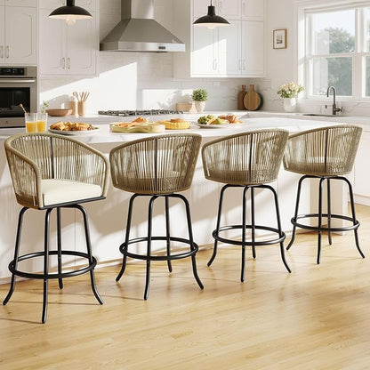 DWVO Outdoor Counter Height Bar Stools Set of 4, Patio Swivel Bar Chairs with Soft Cushions, 360° Rotation, Bar Height Rattan Chairs for Backyard, Poolside, Garden, Beige