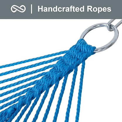 SUNCREAT Polyester Rope Hammock with Bamboo Spreader Bar, Carrying Bag, 450 lbs Capacity, Two Person Hammock with Tree Hooks, Blue