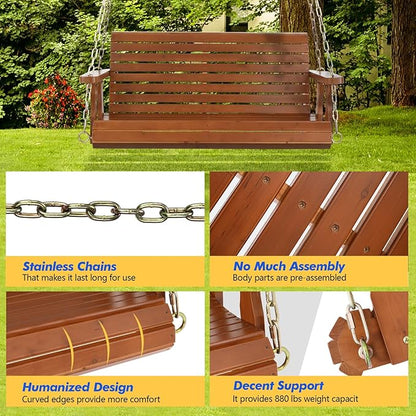 VINGLI Upgraded Patio Wooden Porch Swing for Courtyard & Garden, Heavy Duty 880 LBS Swing Chair Bench with Hanging Chains for Outdoors (Brown, 4 FT)