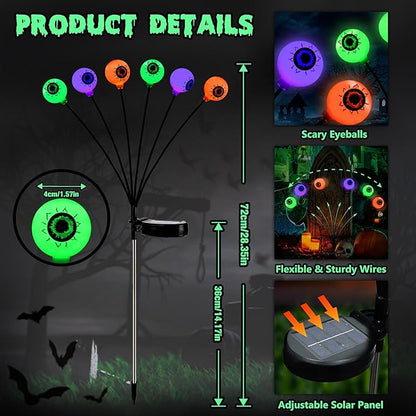 BrizLabs 6 Pack 36 LED Halloween Solar Eyeball Lights, 2 Modes Outdoor Halloween Pathway Lights, Solar Spooky Path Light Waterproof, Swaying Firefly Light for Yard Garden Lawn, Orange & Purple & Green