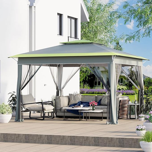 ECOTOUGE 11 FT Pop Up Canopy Tent with Mosquito Nettings, Instant Shelte gazebos on Clearance w/Carrying Roller Bag, Waterproof and UV Resistant Canopy Tent for Grill, Garden and Backyard Grey-Green