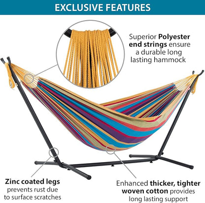 Vivere Double Cotton Hammock with Space Saving Steel Stand, Upgraded Polyester End Strings 450 lb Capacity - Premium Carry Bag Included - (Tropical)