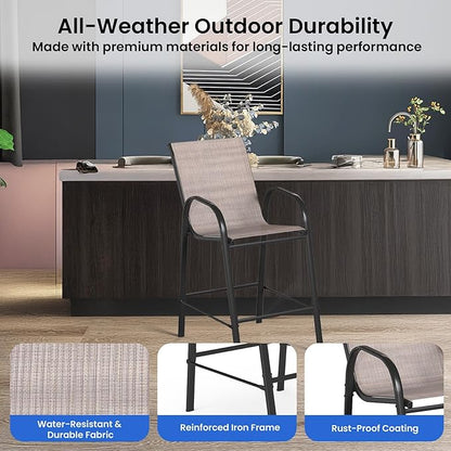 HOMREST Outdoor Bar Height Stools Set of 6,High Back Patio Chairs with Armrests,Textilene Chairs with Breathable Fabric & Metal Frame for All Weather,Taupe