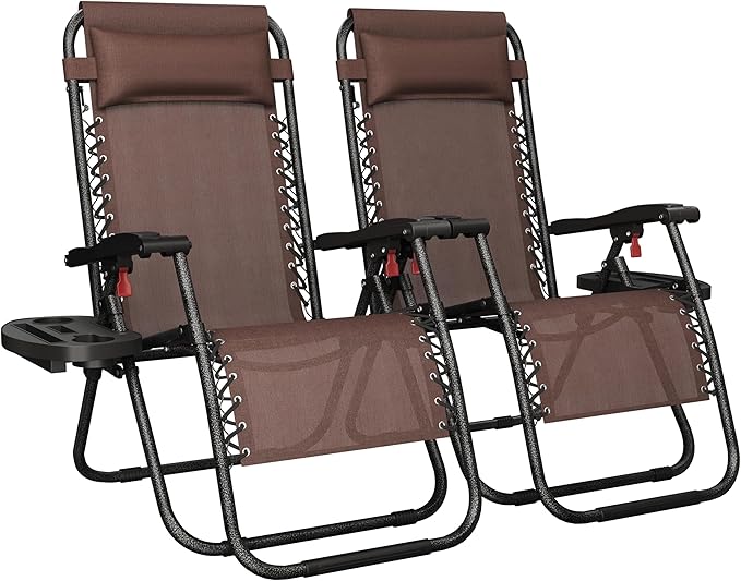Yaheetech 26" Zero Gravity Recliners Outdoor Adjustable Folding Reclining Lounge Chairs w/Pillows, Cup Holder Trays and Carry Strap for Patio Backyard Beach Brown Set of 2