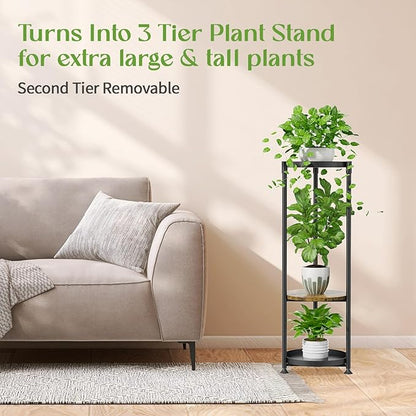iDavosic.ly 4 Tier Corner Plant Stand Indoor, 45 Inch Tall Vertical Metal Flower Heavy Duty Pot Holder Shelf Outdoor for Patio Porch Living Room, Modern Black & Rustic Brown - Round