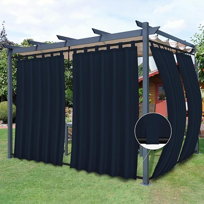 Easy-Going Outdoor Patio Curtains Detachable Tab Top Windproof Weatherproof Curtain for Cabana, Porch, Pergola and Gazebo, Tab Bottom Drape, 2 Panels, 54W x 120L inch, Navy