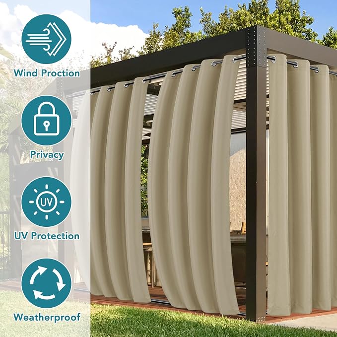 Waterproof Outdoor Curtains, 4 Panels 54x95 Inch Taupe Windproof