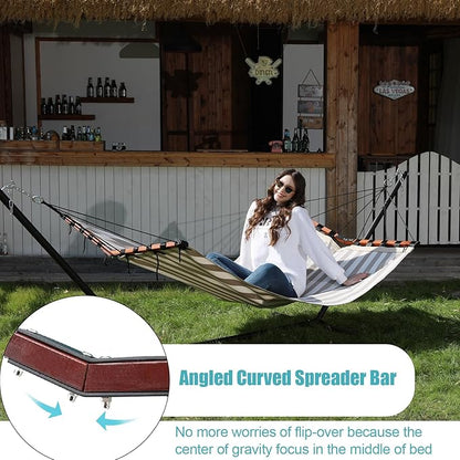 TegerDeger 12FT 2 Person Hammock Large Hammock Quick Dry 450LB Capacity with V Shaped Hardwood Spreader Bar & Nylon Rope for Outside, Patio, Garden, Backyard, Beach, Poolside - Beige Stripes