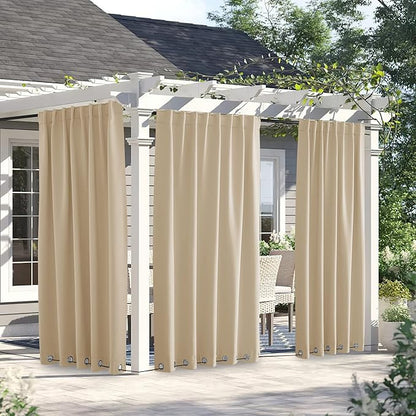 NICETOWN 2 Panels Weighted Blackout Curtains for Patio Waterproof, Top & Bottom Grommet & Back Tab Fixed Outdoor Curtains Windproof Drapes Thermal Insulated for Porch, W66 x L90, Biscotti Beige