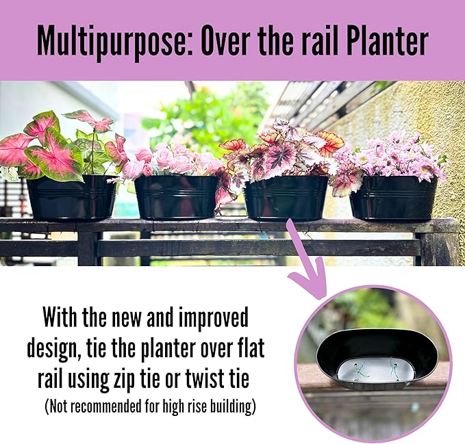 LaLaGreen Rail Planter Outdoor Plants(11.8 Inch, 12 Pack) Black Metal Iron Hanging Flower Pots Deck Railings Fence Buckets Modern Countryside Boho Style Wall Mount Window Box Plant Holder Porch Decor