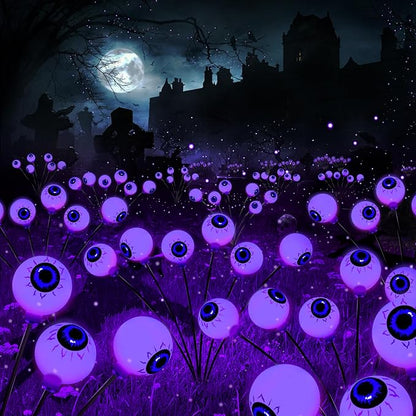 BrizLabs Halloween Eyeball Lights, 2 Pack 12 LED Solar Halloween Lights, 2 Modes Outdoor Spooky Walkway Light, Purple Swinging Firefly Light, Outside Purple Pathway Lighting for Yard Garden Lawn Party