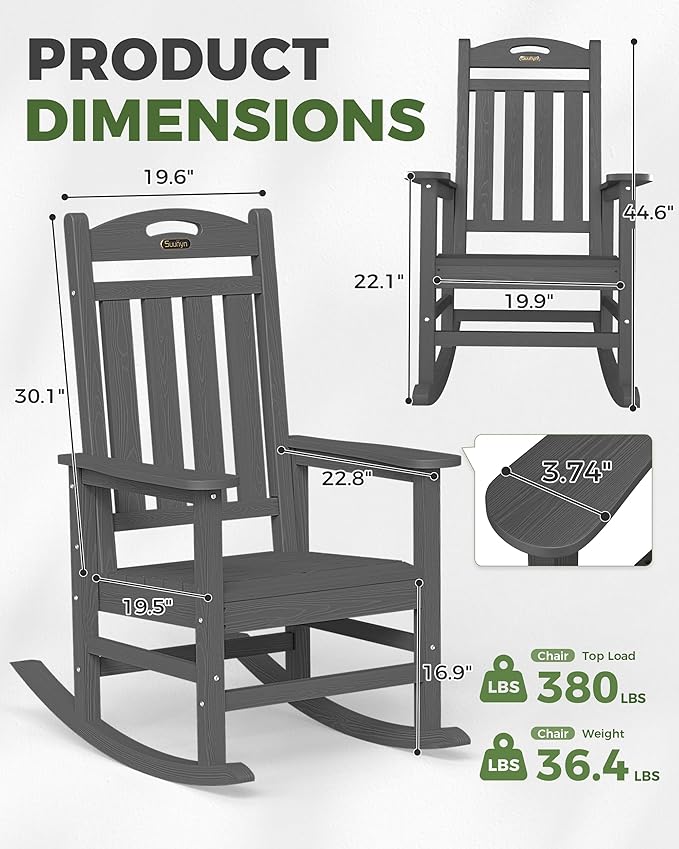 Rocking Chairs for Outdoor Use, Dark Grey, 380 lb Capacity, High Back