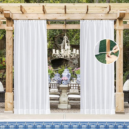 NICETOWN Outdoor Sheer White Weighted Curtains Rod Pocket Back Tab 120 inch Length 2 Panels Set W54, Light Filtering Grommet Mosquito Netting Curtains for Patio/Cabana/Pergola/Porch