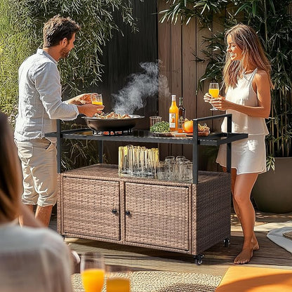 VINGLI Wicker Outdoor Bar Cart with Storage and Wheels, Outdoor Bar Table Serving Cart Rattan Bar Cart with Glass Top and Shelf for Pool, Party, Backyard, Porch (Brown)
