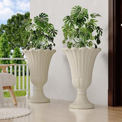 23" Tall Planters for Outdoor Plants Set of 2, Planter with Drainage Holes and Petal Design, Large Outdoor Planters for Porch, Garden, Indoor, Beige