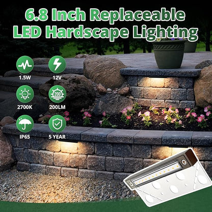 GKOLED 8-Pack Replaceable 6.8" LED Hardscape Lights, Low Voltage Retaining Wall Lights, Paver Wall Hardscape Lighting, Outdoor Landscape Step Lights, 12VAC/DC 1.5W 2700K, Die-cast Aluminum Housing