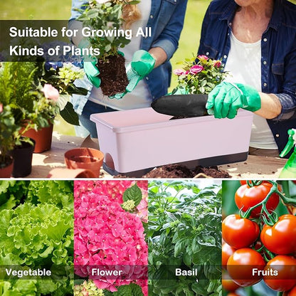Window Box Planter 8 Pcs, 17 Inches Rectangle Flower Pots with Drainage Holes & Trays, Vegetable Planters for Windowsill Patio Garden Balcony Home Indoor Outdoor (Pink, 16 * 7 * 6 inch)